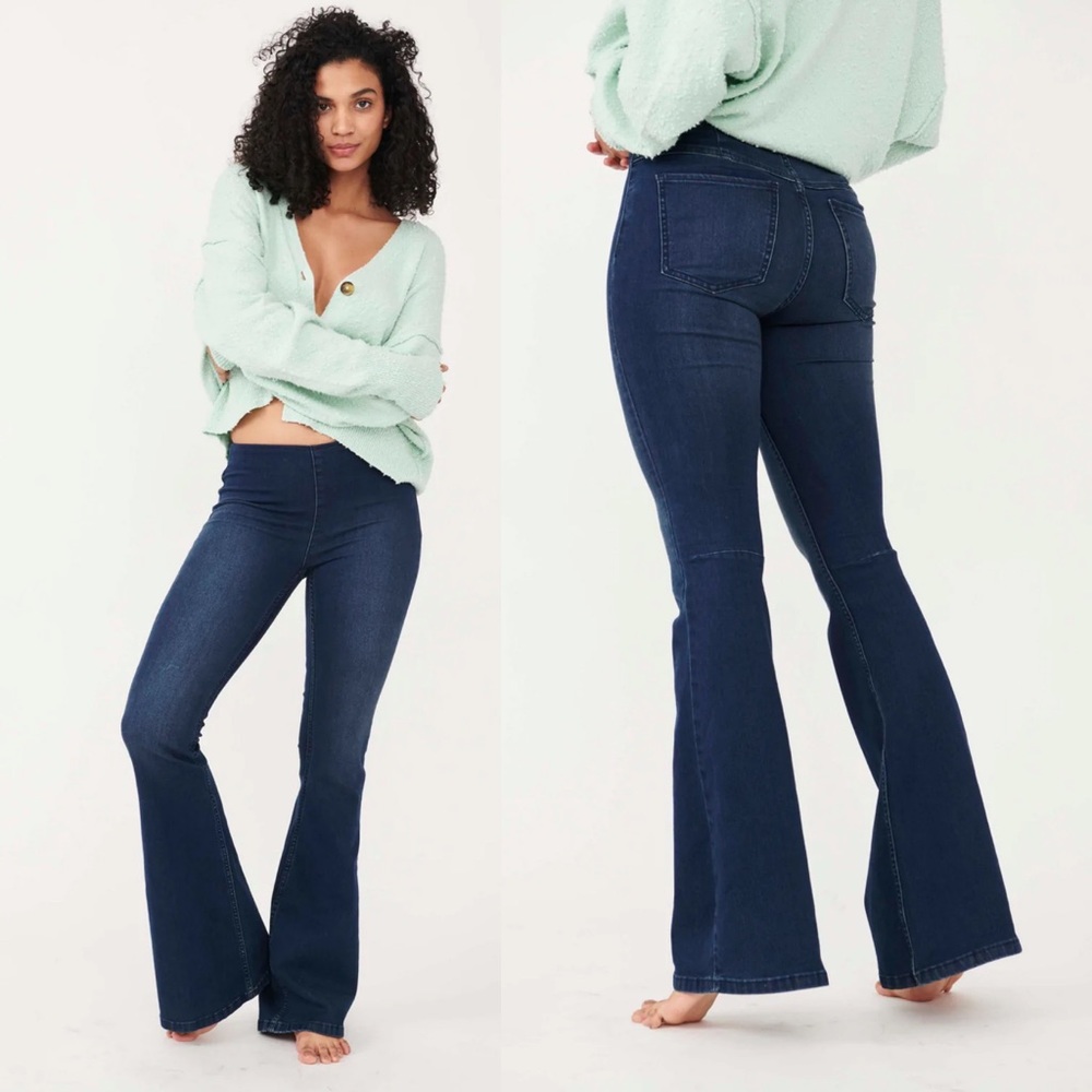 FREE PEOPLE rich blue Penny pull on mid-rise flare jeans 29